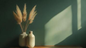 Elegant Still Life Pampas Grass in Vases with Soft Light and Shadow, a Minimalist Home Decor Scene with Natural and Earthy Tones for a Serene Aesthetic. photo