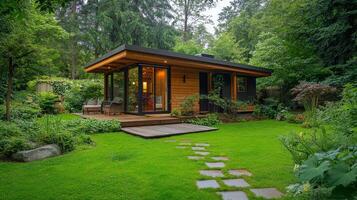 Modern House in Lush Garden A Tranquil Architectural Haven. Discover contemporary design, serene landscape, and peaceful retreat in this idyllic home. photo
