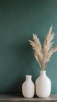 Elegant Still Life Pampas Grass in Vases on a Textured Green Backdrop - Bohemian Home Decor, Minimalist Interior Design with Earthy Neutral Tones photo