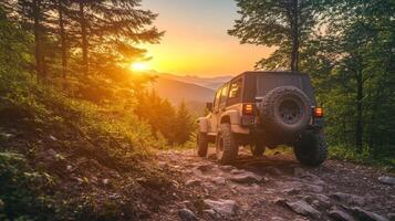 Off-Road Adventure Exploring Mountain Trails at Sunset - A Journey Through Nature's Landscape with an All-Terrain Vehicle, Embracing Freedom and Scenic Views photo