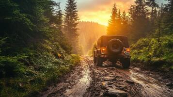 Epic Off-Road Adventure A Rugged Vehicle Navigating a Muddy Forest Trail at Sunset, Blending Automotive Power with the Serene Beauty of Nature and Outdoor Exploration photo