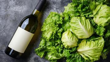 Fresh Delight A Bottle of Wine and Crisp Lettuce on a Dark Table, Perfect for a Healthy Salad or Refreshing Drink, Ideal for Culinary Creations and Healthy Recipes photo