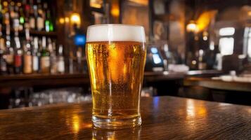 Golden Pint of Beer on a Wooden Bar Top A Refreshing Alcoholic Beverage in a Glass, Perfect for Pubs, Taverns, and Nightlife Celebrations photo