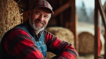 Rustic Charm A Smiling Farmer's Portrait Amidst the Golden Hay Bales of Rural Life, Embracing the Harvest Season and the Simplicity of Country Living photo