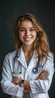 Confident Female Doctor A Portrait of Health, Expertise, and Radiant Smile in Healthcare, Featuring Stethoscope and White Coat, Reflecting Trust and Professionalism. photo