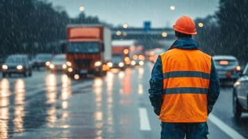 Braving the downpour, one figure monitors the bustling traffic, clad in vivid safety gear for clear visibility and protection photo