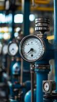 Industrial Precision A Close-Up of Gauges and Valves in a Blue-Hued Industrial Setting, Capturing the Essence of Engineering and Technological Prowess photo
