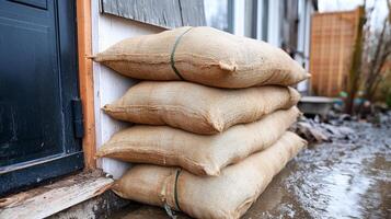 Homes shielded by sandbag barriers against flood damage photo