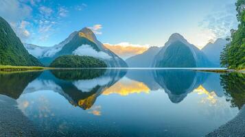 Serene Mountain Lake Reflections at Sunrise photo