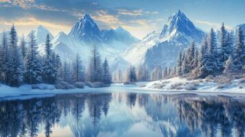 A serene winter landscape reflecting snow-covered mountains and frosted trees in a tranquil lake, capturing the idyllic beauty of the frozen wilderness. photo
