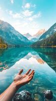 sereno montaña lago, mano alcanzando para el cielo, asombroso puntos de vista foto