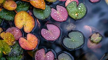Captivating Lily Pads A Symphony of Colors and Dewdrops on Water photo