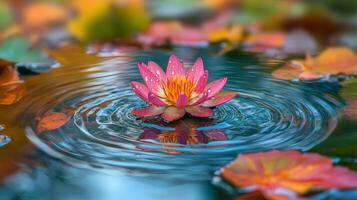 Serene Lotus Bloom A Symphony of Pink Petals, Rippling Water, and Tranquil Reflections in Nature's Embrace - A Captivating Floral Still Life photo