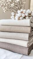 Natural Linen Fabric Stack with Cotton Bouquet - A Timeless Home Decor photo