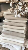 Natural Linen Fabric Stack with Cotton Decor photo