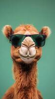 Cool Camel Portrait A Funny Dromedary with Sunglasses in the Desert. Wildlife Photography, Saudi Arabia, Middle East. Travel and Tourism, Cute Animal. photo