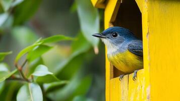 Vibrant Blue and Yellow Bird in a Yellow Birdhouse photo