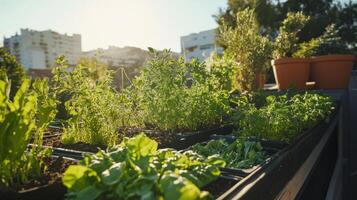 Urban Rooftop Garden Lush with Fresh Herbs and Vegetables photo