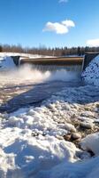 Peaceful Winter Landscape Icy River Flowing Through Snowy Banks photo