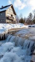 Quiet Winter Wilderness A Frozen River and Snow-Encrusted Shores photo