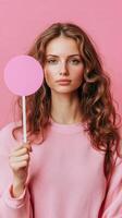 Stylish Woman in a Pink Sweatshirt Holding a Blank Circle photo