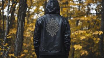 Intricate Floral Design on a Black Leather Jacket in a Forest Setting photo