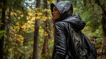 Forest Explorer in a Stylish Black Leather Jacket photo