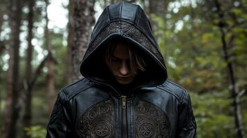 Intriguing Person in a Detailed Black Leather Jacket in a Forest photo