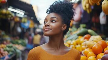 Woman in a vibrant market, surrounded by fresh produce. A moment of joy and contemplation. photo