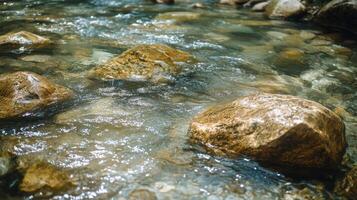 Clear mountain stream flowing over rocks photo