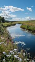 Serene River Landscape with Blooming Flowers photo