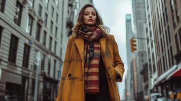 Urban Chic A Woman in a Golden Plaid Coat and Scarf in the City photo
