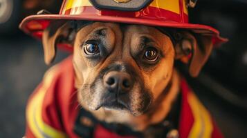 Adorable Dog in Firefighter Costume - A Hero's Gaze photo