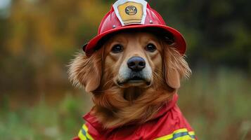 Golden Retriever Dressed as a Firefighter - A Brave Hero photo