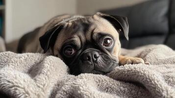Adorable Pug Relaxing on a Cozy Blanket photo