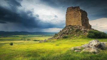 Ancient Stone Tower Amidst Dramatic Landscape photo