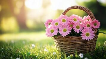 Soft pink daisies arranged in a charming rustic basket photo