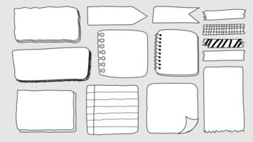 collection of hand drawn notebook paper, sticky notes, and decorative tape doodles in black and white, perfect for journaling, planners, and scrapbooking. vector