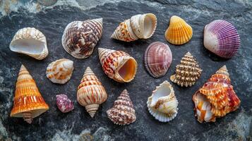 Seashells on Dark Stone - A Colorful Collection of Nature's Art photo
