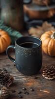 Autumnal Coffee Moment Warmth and Comfort in a Rustic Setting photo