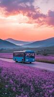Serene Sunset Bus Ride Through a Field of Purple Flowers photo