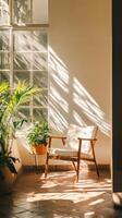 Sunlit Patio Corner with Cozy Wooden Chair photo