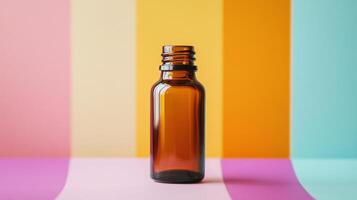 Empty Amber Glass Bottle on Vibrant Background photo