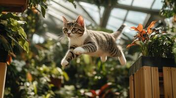 A Playful Kitten Leans into the Lush Greenhouse photo