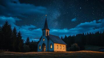 Starlit Church in a Peaceful Meadow - A Nighttime Sanctuary photo