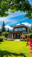 Stunning Modern Home with Lush Landscaping. Exquisite Exterior Design. photo