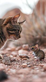 Majestic Cat and Tiny Mouse Encounter in Nature's Embrace photo