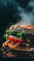 Close-up of a mouthwatering, steaming hot burger photo