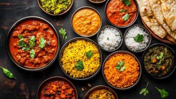 Aromatic Indian Cuisine Dishes with Rice and Curry photo