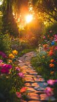 A Sunlit Pathway Through a Vibrant Garden of Flowers photo